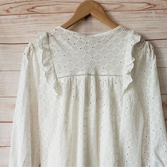 Anthropologie Eyelet Tie Neck 100% Cotton Summer Dress White Size 4 Round Neck - Picture 6 of 12